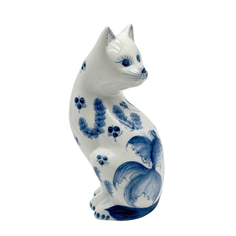 Cat Figurine Hand Painted Blue and White Porcelain Small Blue White Chinoiserie
